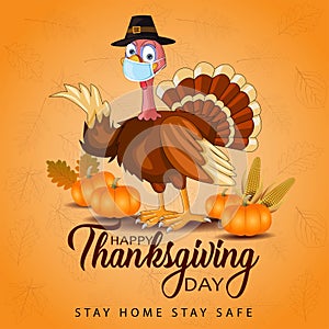 Happy thanksgiving day typography. turkey bird with pumpkins and corn Thanksgiving design use for prints,flyers,banners,