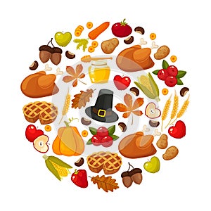 Happy Thanksgiving Day. Vector banner with traditional table plenty of food, roasted turkey, cornucopia with pumpkins