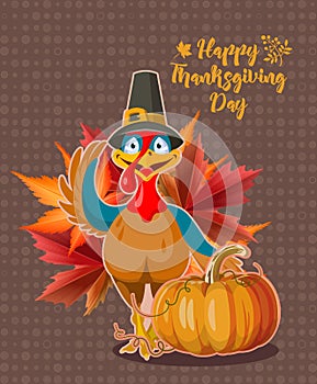 Happy Thanksgiving day. Vector greeting card with autumn fruit, vegetables, leaves and flowers. Harvest festival