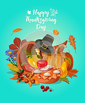 Happy Thanksgiving day. Vector greeting card with autumn fruit, vegetables, pumpkin, leaves and flowers. Harvest festival