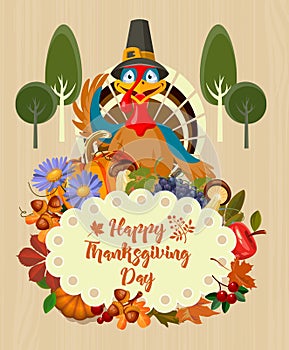 Happy Thanksgiving day. Vector greeting card with autumn fruit, vegetables, turkey, leaves and flowers. Harvest festival