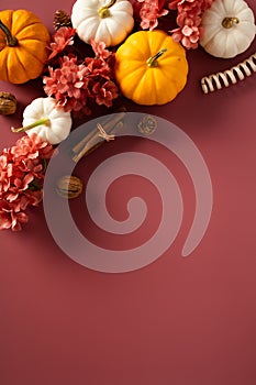 Happy Thanksgiving day vertical banner design. Flat lay orange and white pumpkins, flowers, fall decor on brown background. Autumn