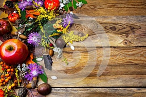 Happy Thanksgiving decor with squash seeds on wooden background