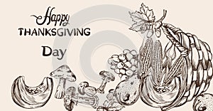 Happy Thanksgiving dinner menu line art Vector. Fall havest veggies detailed illustrations