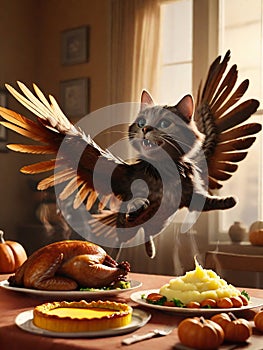 Happy Thanksgiving! A domestic cat with wings flies over a Thanksgiving feast in a room lit by warm light.