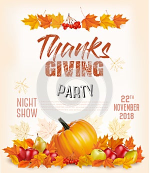 Happy Thanksgiving Flyer with colorful leaves and autumn vegetables