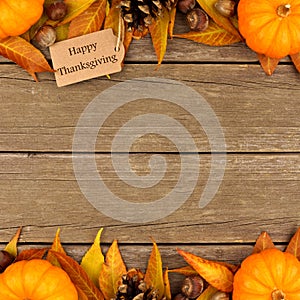Happy Thanksgiving gift tag with autumn double border over wood