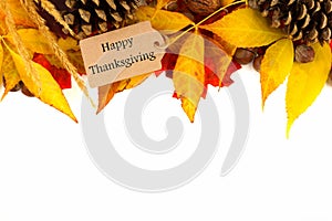 Happy Thanksgiving gift tag with colorful leaves border over white