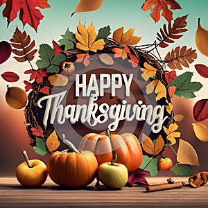 Happy Thanksgiving Greeting Card, 3D Realistic Round Wreath of autumn maple leaves, rowan berries, pumpkin