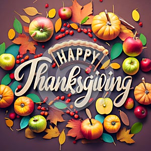 Happy Thanksgiving Greeting Card, 3D Realistic Round Wreath of autumn maple leaves, rowan berries, pumpkin