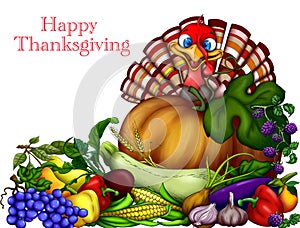 Happy Thanksgiving . Greeting card with a cheerful turkey and au