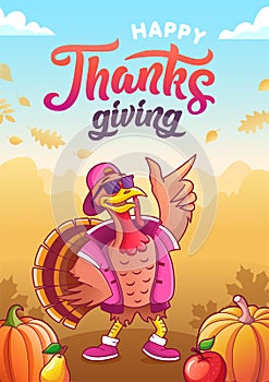 Happy thanksgiving greeting card with dancing cool turkey