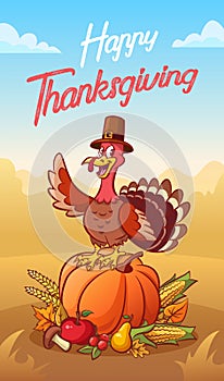 Happy thanksgiving. Greeting card. Happy turkey in pilgrim hat standing on the pumpkin. Vegetables and fruits photo