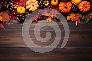 Happy Thanksgiving Halloween pumpkins on wooden table flat lay background.