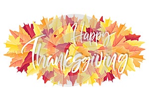 Happy Thanksgiving hand lettering text on fall leaves