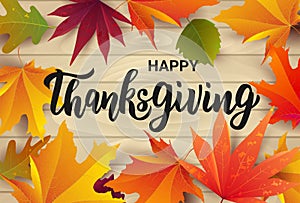 Happy Thanksgiving hand lettering text. Greeting card for Thanksgiving day celebration. Vector illustration.