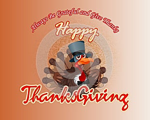 Happy Thanksgiving handwritten message and cartoon of a perky turkey wearing a top hat