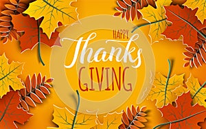 Happy Thanksgiving holiday 3d banner with congratulation text. Autumn tree leaves frame, yellow background