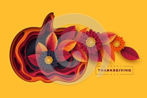 Happy Thanksgiving holiday background. 3d layered effect pumpkin with bright autumn flowers, leaves and greeting text