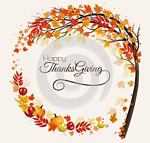 Happy Thanksgiving Holiday background with autumn tree with colorful leaves and vegetables
