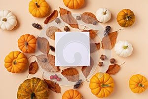 Happy Thanksgiving holiday background with empty paper note from autumn foliage, pumpkins and fall decorations top view