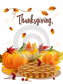 Happy Thanksgiving holiday card with pumpkins, autumn leaves and traditional pie