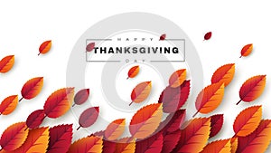Happy Thanksgiving holiday design with bright autumn leaves and greeting text. White background, vector illustration.