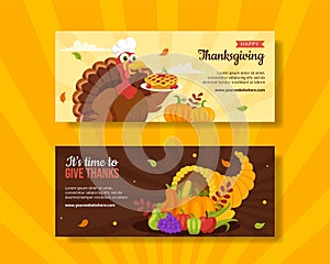 Happy Thanksgiving Horizontal Banner Flat Cartoon Hand Drawn Templates Background Illustration