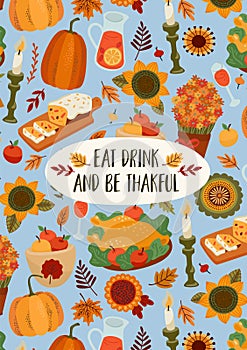 Happy Thanksgiving illustration with festive table, Vector design for card, poster, flyer, web and other