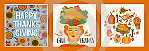 Happy Thanksgiving illustrations. Set of vector designs for card, poster, flyer, web and othe