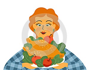 Happy Thanksgiving isolated illustration. Cute lady with turkey. Vector design for card, poster, flyer, web and other