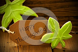 Happy Thanksgiving Label with Green Leaves