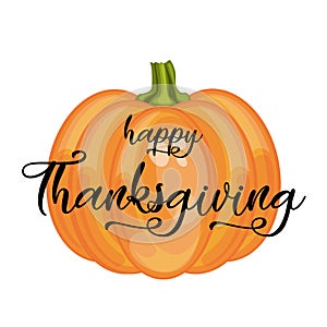 Happy Thanksgiving lettering on pumpkin background. Vector