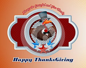 Happy Thanksgiving message and cartoon of a pompous turkey, wearing a top hat and bow-tie