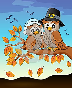 Happy Thanksgiving owls on branch
