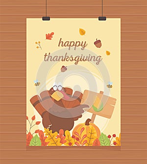 Happy thanksgiving poster hanging turkey with pumpkin board corn