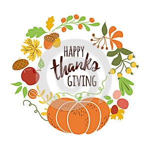 Happy Thanksgiving Pumpkin wreath Text for Thanksgiving day autumn leaves Fall banner