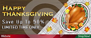 Happy thanksgiving sale banner with grilled turkey