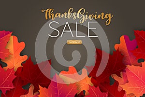 Happy Thanksgiving saleposter.  Background with red and orange maple fall leaves. American traditional november holiday. Banner fo photo