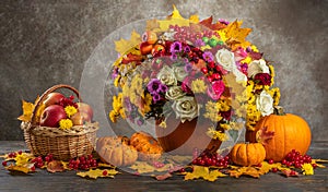 Happy Thanksgiving still life. stylish bouquet of autumn flowers in a decorative vase. Pumpkin and apple on basket