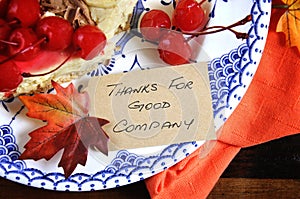 Happy Thanksgiving table with assorted pies