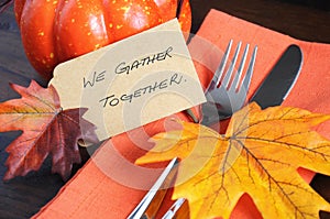 Happy Thanksgiving table place setting - orange theme closeup