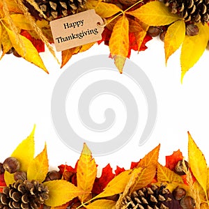 Happy Thanksgiving tag with colorful leaf double border over white