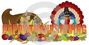 Happy Thanksgiving Text with Cornucopia Pilgrim Turkey photo