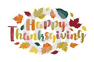 Happy Thanksgiving text, editable horizontal greeting card with lettering and autumn fallen leaves of vibrant colors