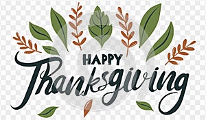 Happy Thanksgiving text hand drawn style with leaves decoration on png or transparent background vector illustration.