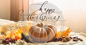 Happy thanksgiving text. In home decorated Pumpkin, cones, walnuts and autumn leaves garland. autumn fall holidays. Cozy mood