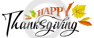 Happy Thanksgiving text lettering greeting card template and autumn leaves