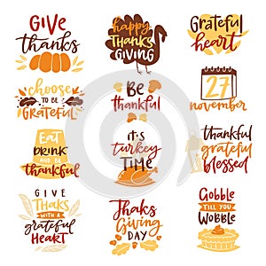 Happy Thanksgiving text logo vector lettering family dinner time together celebrate harvest time to say Thanks to nature