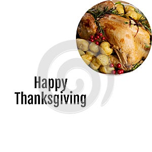 Happy thanksgiving text on white with thanksgiving roast turkey and potatoes